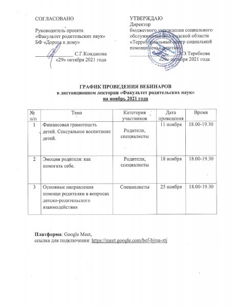 График проведения вебинаров на ноябрь 2021 года